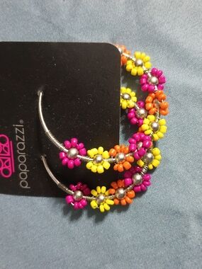 paparazzi Neon Floral Beaded Hoop Earrings - Hot Pink, Yellow & Orange